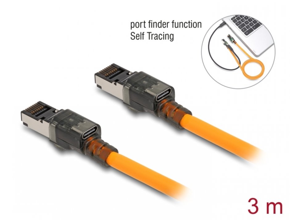 Imagine Cablu de retea RJ45 Cat.6A S/FTP T-T cu port finder Self Tracing USB-C 3m Orange, Delock 80410